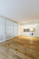 interior empty house with wooden floor, kitchen