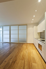 interior empty house with wooden floor, kitchen