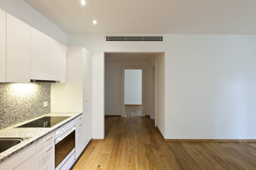interior empty house with wooden floor, kitchen