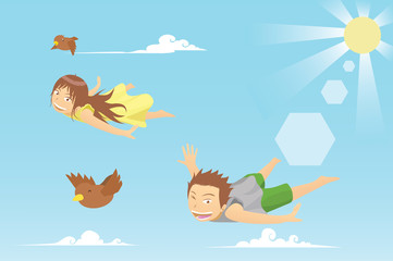enfants volant avec des oiseaux