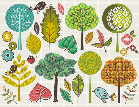 hand draw  trees and leafs over checked background