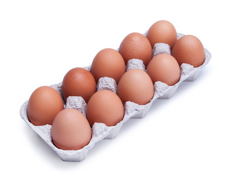 ten brown chicken eggs in a box