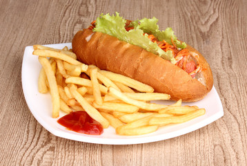Appetizing hot dog with fried potatoes on plate on wooden table