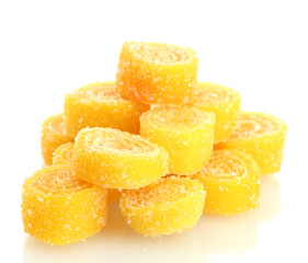 yellow jelly candies isolated on white.