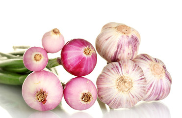 young onions and garlic on white background close-up