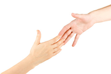 Women's hand goes to the man's hand on white background