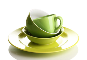 Green tableware isolated on white
