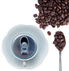 idea of coffee can and coffee cup and coffee bean seed on white