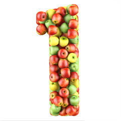 Number one made from apples. Isolated on a white. 3d render