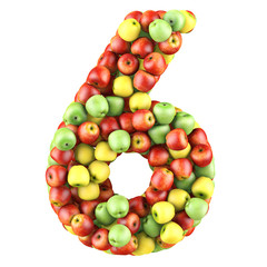 Number six made from apples. Isolated on a white. 3d render