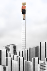 Woman with cardboard on the head is on the ladder