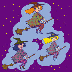 Vector Illustration With Three Little Witches On Brooms.