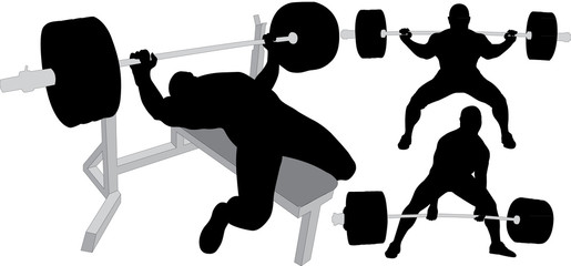 Powerlifting, weightlifting or bodybuilding silhouettes