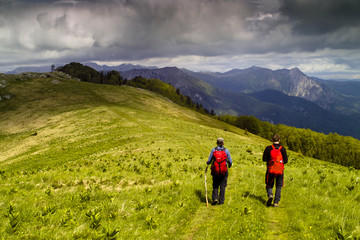 Fototapeta na wymiar Dwóch pieszych na zielone łąki otoczone wysokimi górami