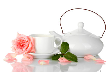 teapot and cup of tea with rose isolated on white