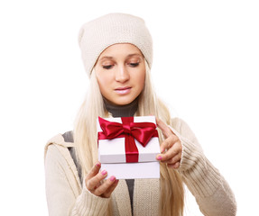 Woman with gift,isolated on white background