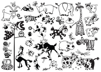 Fototapeta na wymiar czarno-biały zestaw z dziecięcych kreskówek zwierząt