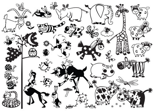 black and white set  with cartoon childish animals