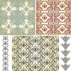 2 Vector Seamless Vintage Floral Patternsand 2 Retro Brushes