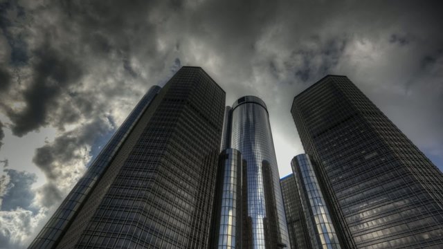Timelapse Skyscraper Detroit with passing clouds