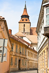Narrow downtown street in Brasov, Romania.