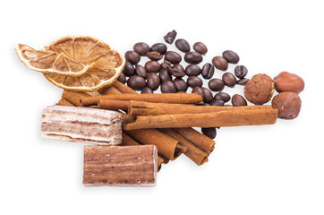 coffee beans, cinnamon and lemon
