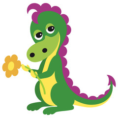 Puppy green dragon with flower on white background