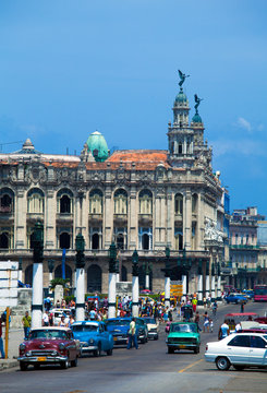 Great Theatre and heavy trafic, old town, Havana, Cuba
