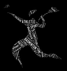 badminton player pictogram with white color words on black backg