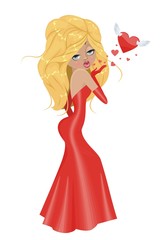 Красивая блондинка в красном платье посылает воздушный поцелуй