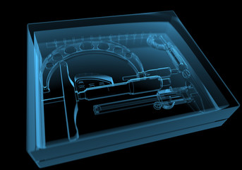 Box with instruments (3D xray blue transparent)