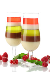 fruit jelly in glasses and raspberries isolated on white