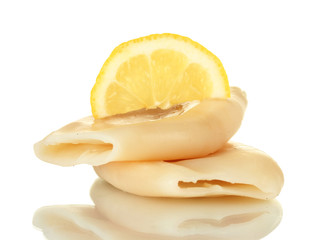 Fototapeta na wymiar boiled squids with lemon isolated on white