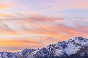 Mountain peaks in sunset