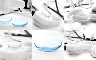 set of blue contact lenses in container with solution.