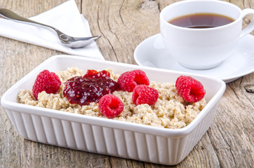 porridge with raspberry and jam