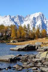 Mont Blanc massif and lake Arpy in autumn, Italy