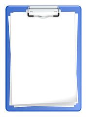 Clipboard with blank paper for Copy space.Blue and isolated.