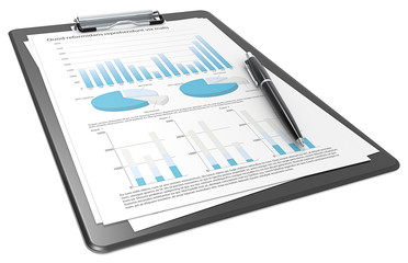 Financial. Clipboard with Papers and Pen. Graphs and Pie charts.