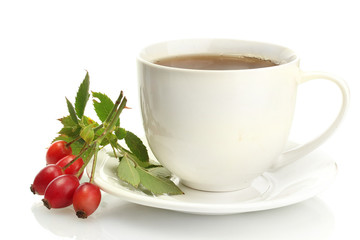 cup of tea with hip roses, isolated on white