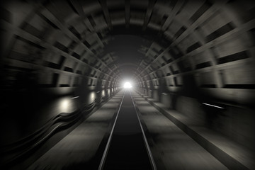 Subway tunnel. View from the driver cabin with motion blur