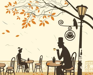 Foto op Plexiglas Tekening straatcafé Herfstcafés en romantische relatie tussen man en vrouw