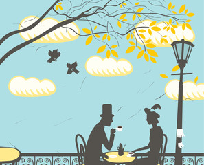 couple d& 39 amoureux dans un café de la ville dans les nuages