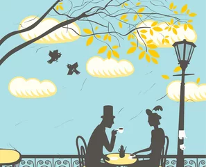 Photo sur Plexiglas Café de rue dessiné couple d& 39 amoureux dans un café de la ville dans les nuages