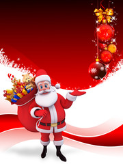 santa with gift bag on red background with balls