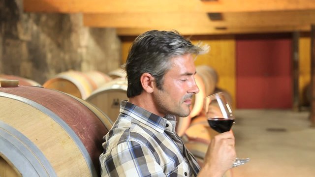 Winemaker in winery tasting red wine