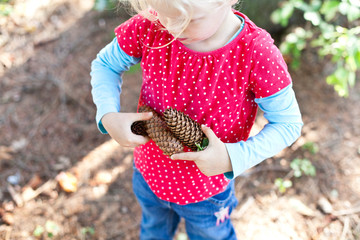 Kind spielt mit Tannenzapfen