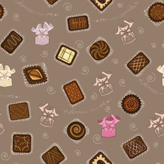 Background with chocolate candies in paper wrapping