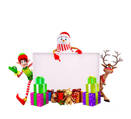 snow man pointing towards blank sign