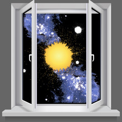 Opened plastic window. With views of the cosmos